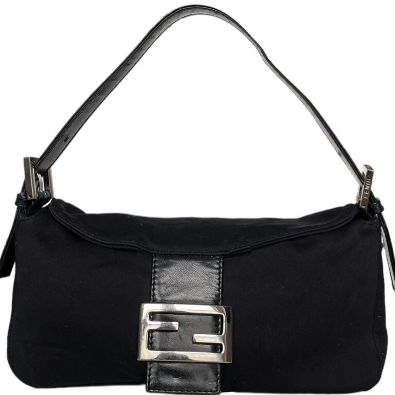 Vintage Fendi Silk Shoulder Baguette Bag in Black / Silver | NITRYL