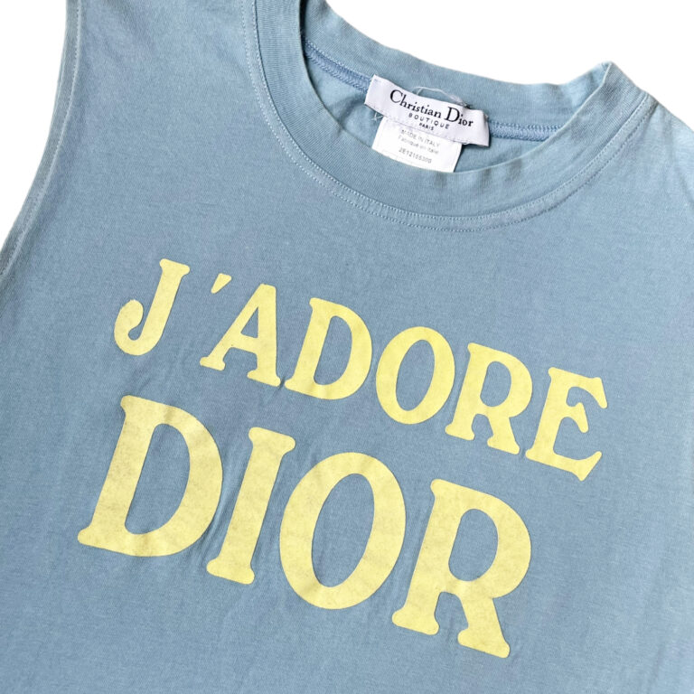 Vintage Dior 'J'Adore Dior' Spellout Tank Vest Top in Baby Blue / Yellow UK 10 | NITRYL