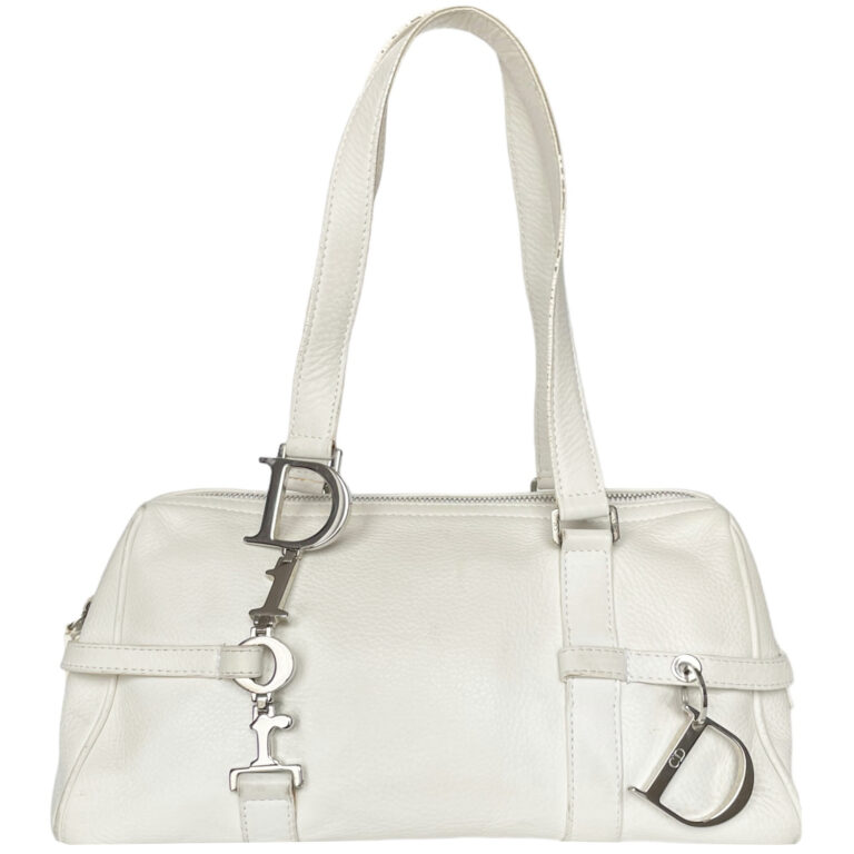 Vintage Dior Leather Shoulder Bag in White with Silver Spellout Strap | NITRYL