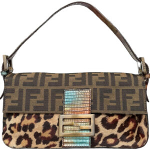 Vintage Fendi Monogram and Leopard Calfskin Shoulder Baguette Bag with Iridescent Exotic Leather Detailing | NITRYL