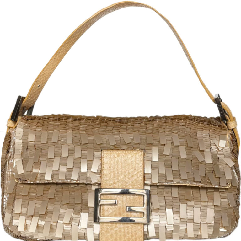 Vintage Fendi Sequin Shoulder Baguette Bag in Beige / Gold with Exotic Leather Detailing | NITRYL