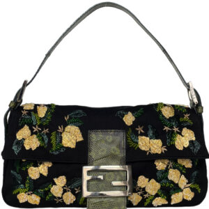 Vintage Fendi Lemon Embroidered Beaded Shoulder Baguette Bag in Black / Green with Exotic Leather Detailing | NITRYL