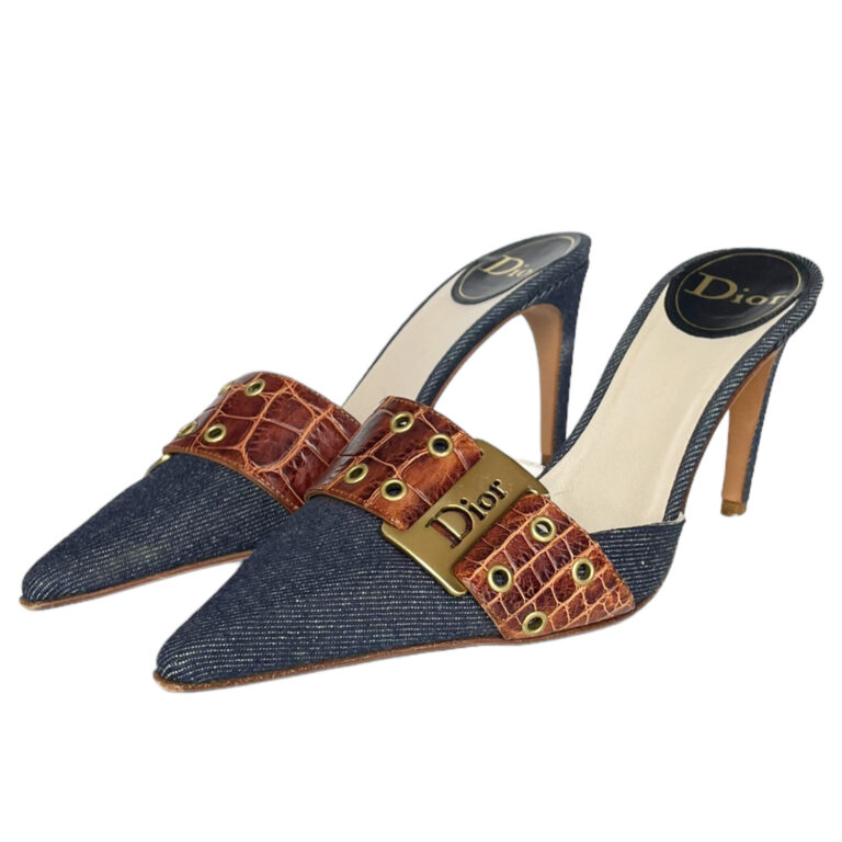 Vintage Dior Logo Buckle Mule Heels in Denim / Brown UK 4.5 | NITRYL