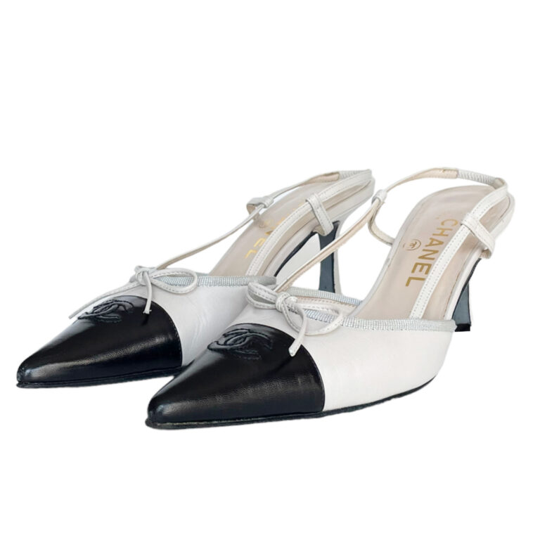 Vintage Chanel Logo Bow Slingback Heels in Black / White UK 4 | NITRYL