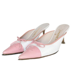 Vintage Chanel Logo Bow Mule Heels in White / Pink UK 4.5 | NITRYL