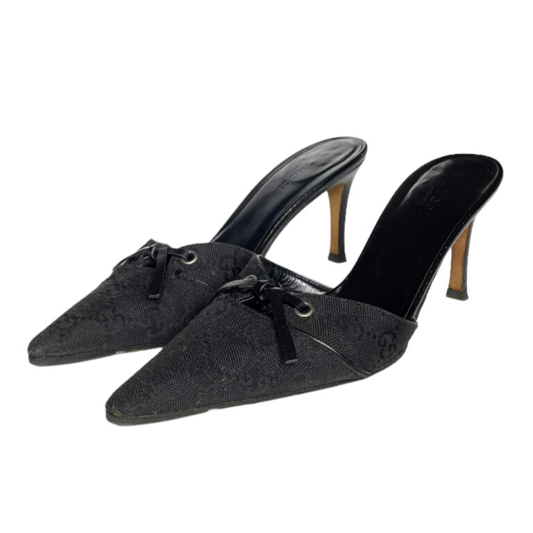 Vintage Gucci Monogram Bow Heeled Mules in Black UK 3.5 | NITRYL