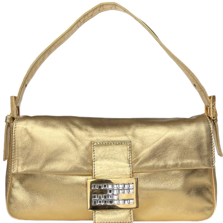 Vintage Fendi Leather Crystal Encrusted Shoulder Baguette Bag in Gold | NITRYL