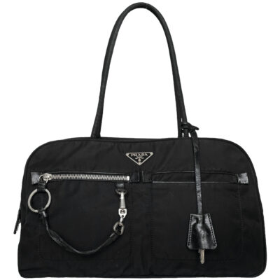 Prada Nylon Zip Pocket Shoulder Bag in Black Silver Nitryl