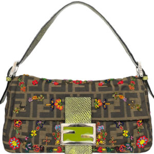 Vintage Fendi Monogran Floral Beaded Shoulder Baguette Bag with Exotic Leather Detailing | NITRYL