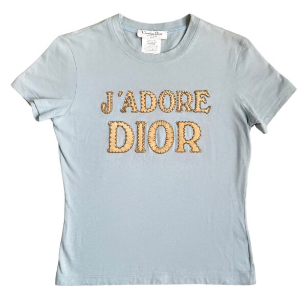 Vintage Dior 'J'Adore' Patchwork T-Shirt Top in Baby Blue UK 12 | NITRYL