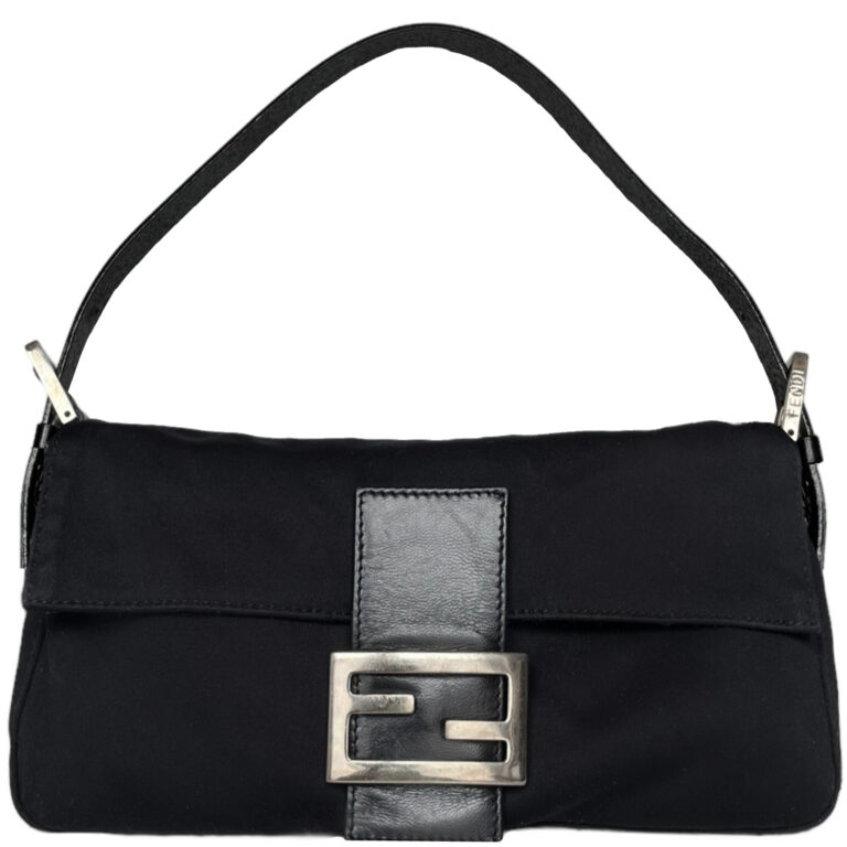 Vintage Fendi Silk Classic Shoulder Baguette Bag in Black / Silver | NITRYL