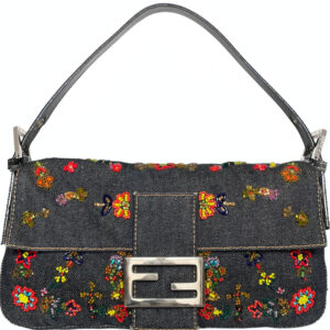 Vintage Fendi Beaded Floral Shoulder Baguette Bag in Denim | NITRYL