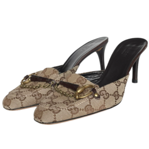 Vintage Gucci Monogram Chain Mule Heels in Beige / Brown / Gold UK 4 | NITRYL