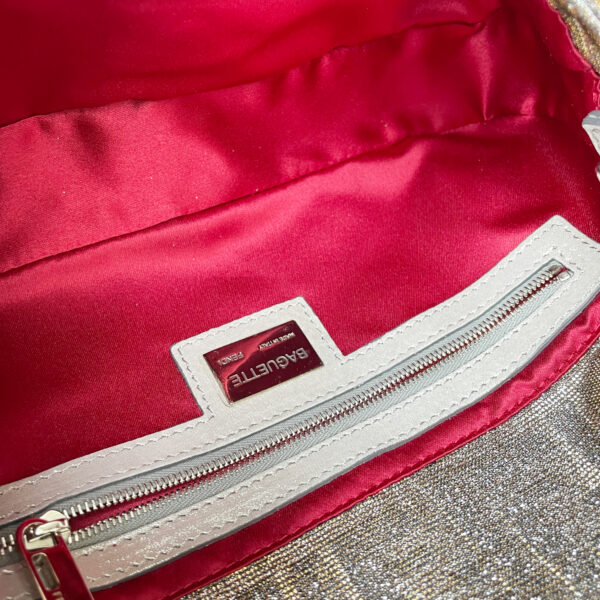 Fendi Monogram Glitter Metallic Shoulder Baguette Bag in Silver / Gold with Crystal Encrusted Clasp - Image 7