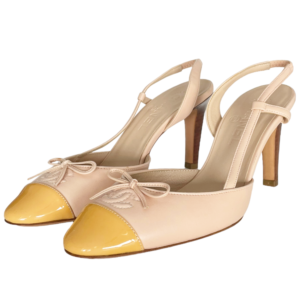 Vintage Chanel Logo Bow Heels in Baby Pink / Yellow UK 4.5 | NITRYL