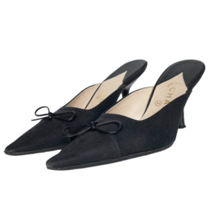 Vintage Chanel Logo Bow Linen Mule Heels in Black UK 4 | NITRYL