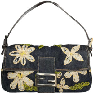 Vintage Fendi Daisy Embellished Denim Shoulder Baguette Bag | NITRYL