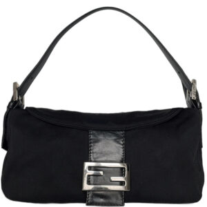 Vintage Fendi Silk Shoulder Baguette Bag in Black / Silver | NITRYL