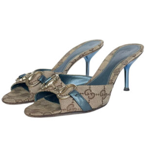 Vintage Gucci Monogram Horsebit Heels in Beige / Metallic Blue UK 3 | NITRYL