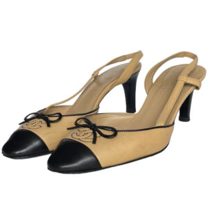 Vintage Chanel Logo Bow Heels in Beige / Black UK 3.5 | NITRYL