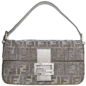 Vintage Fendi Monogram Glitter Metallic Shoulder Baguette Bag in Silver / Gold with Crystal Encrusted Clasp 2014 | NITRYL