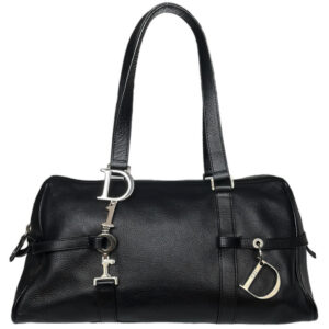 Vintage Dior Leather Shoulder Bag in Black with Silver Spellout Strap | NITRYL