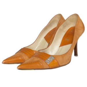 Vintage Dior Logo Suede Heels in Tan / Silver UK 3 | NITRYL