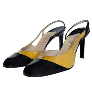 Vintage Chanel Logo Slingback Heels in Black / Yellow UK 6 - 6.5 | NITRYL