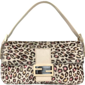 Vintage Fendi Leopard Print Calfskin Shoulder Baguette in White / Pink / Gold | NITRYL