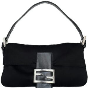 Vintage Fendi Classic Silk Shoulder Baguette Bag in Black / Silver | NITRYL