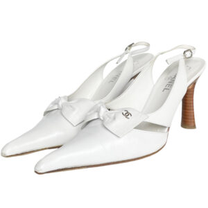 Vintage Chanel Logo Bow Slingback Heels in White UK 6 | NITRYL