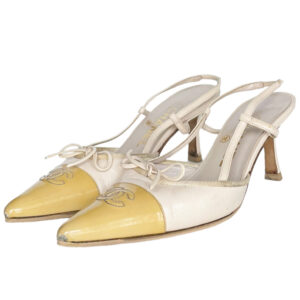 Vintage Chanel Bow Logo Slingback Heels in Nude / Yellow UK 3 | NITRYL