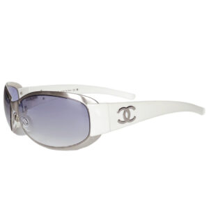 Vintage Chanel Logo Wraparound Sunglasses in White / Silver | NITRYL