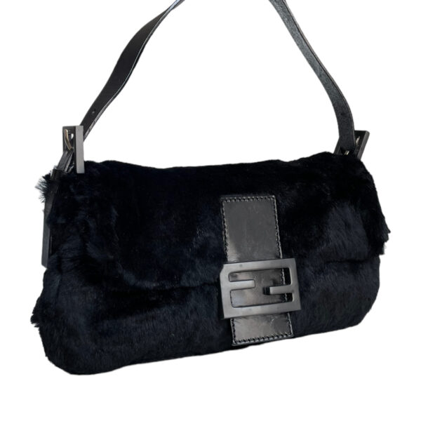 Fendi Rabbit Fur Shoulder Baguette Bag in Black - Image 2