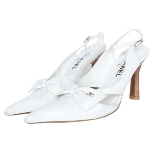 Vintage Chanel Bow Logo Slingback Heels in White UK 5.5 | NITRYL