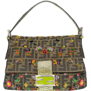 Vintage Fendi Monogram Flower Beaded Shoulder Mama Baguette with Exotic Lizard Detailing | NITRYL