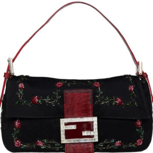 Vintage Vintage Fendi Flower Beaded Silk Shoulder Baguette Bag in Black with Red Exotic Leather Detailing and Swarovski Encrusted Clasp | NITRYL