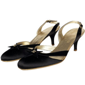 Vintage Chanel Diamante Star Satin Slingback Heels in Black / Gold UK 3 | NITRYL