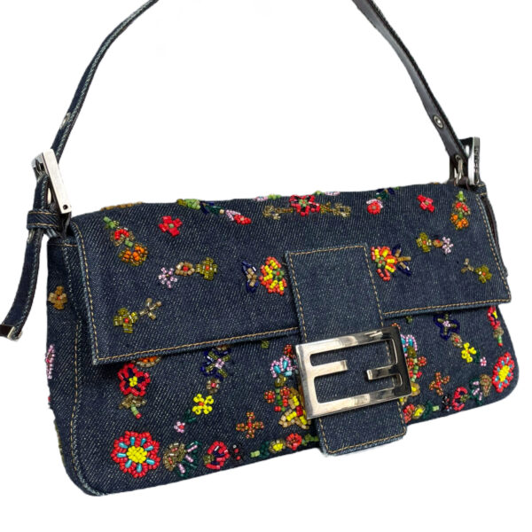 Fendi Beaded Floral Shoulder Baguette Bag in Denim - Image 2