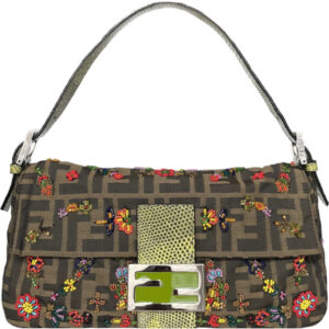 Vintage Fendi Monogram Floral Beaded Shoulder Baguette Bag with Exotic Leather Detailing | NITRYL