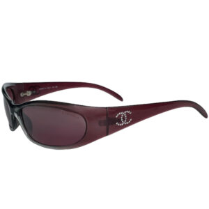 Vintage Chanel Diamante Logo Wraparound Sunglasses in Dark Purple / Maroon | NITRYL