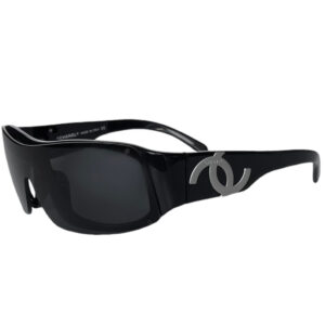 Vintage Chanel Logo Wraparound Sunglasses in Black / Silver | NITRYL