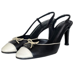 Vintage Chanel Bow Logo Slingback Heels in Black / Cream UK 3 | NITRYL