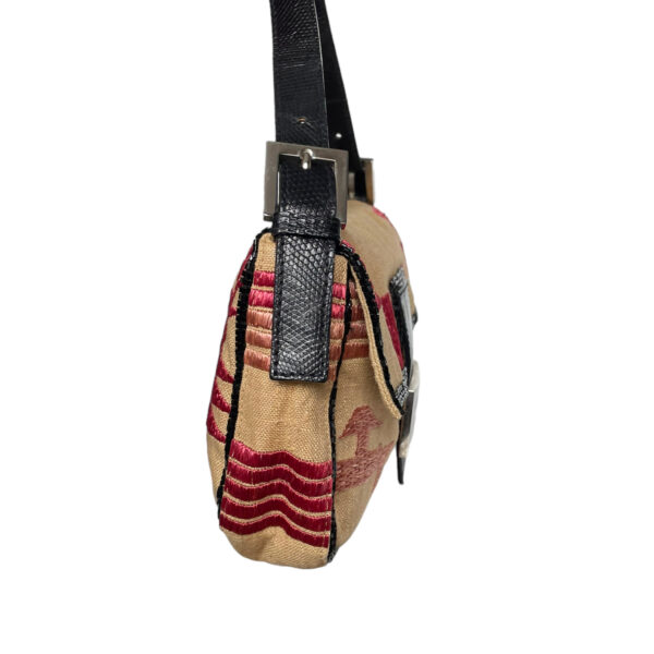 Fendi Beaded Aztec Boho Shoulder Baguette Bag in Beige / Red with Exotic Leather Detailing - Image 3