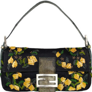 Vintage Fendi Lemon Embroidered Beaded Shoulder Baguette Bag in Black / Green with Exotic Leather Detailing | NITRYL