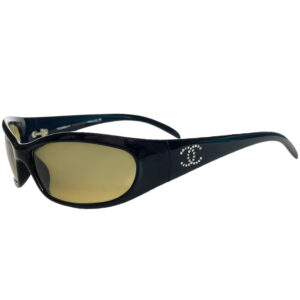 Vintage Chanel DIamante Logo Wraparound Sunglasses in Black / Yellow | NITRYL