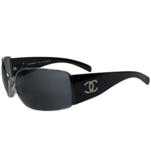 Vintage Chanel Logo Wraparound Sunglasses in Black / Silver | NITRYL