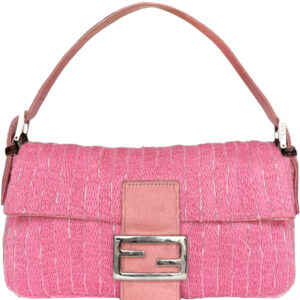 Vintage Fendi Beaded Knitted Shoulder Baguette Bag in Pink with Cow-Print Calfskin Detailing | NITRYL