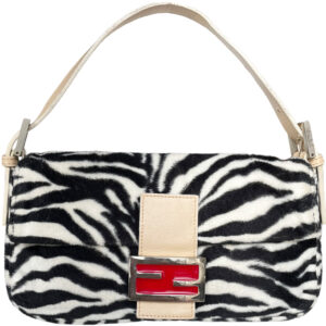 Vintage Fendi Fuzzy Zebra Print Shoulder Baguette Bag in Black / White / Red | NITRYL