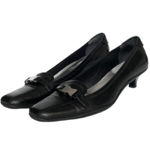 Vintage Prada Buckle Logo Loafer Kitten Heels in Black / Silver UK 5 | NITRYL